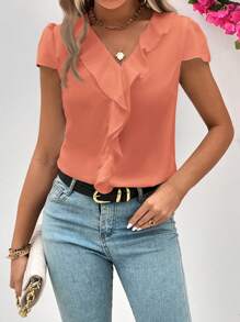 SHEIN Clasi 夏季纯色荷叶边V领休闲短袖衬衫 - 亮橙色 - 查看 5