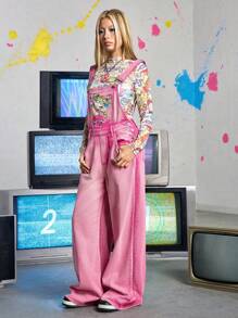 Nick 90's X ROMWE Cartoon Pattern Cute Pink Denim Jumpsuit - Pink - View 5