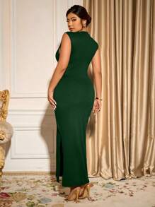 Cravure Plus Size Women's Hollow Out Metal Decor Cutout Back Bodycon Dress, Sexy Club Wear, Fashion Versatile Casual Commute, Prom Party - Dark Green - View 2