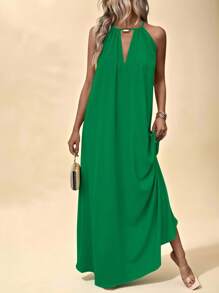 Vesra Vestido largo de verano minimalista de unicolor, sin mangas y con cuello abierto, estilo vacacional para mujer