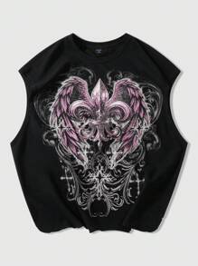 ROMWE MEN Street Life Men's Gothic Element Retro Cross Star Wings Print Theme Tank Top,