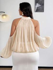 SHEIN Clasi 加大码光泽纯色褶皱半透明肩部优雅性感衬衫 - 杏色 - 查看 3