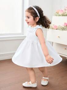 Babygirl Cute & Elegant White Sleeveless Ruffle Trim Mini Dress, Summer - White - View 5