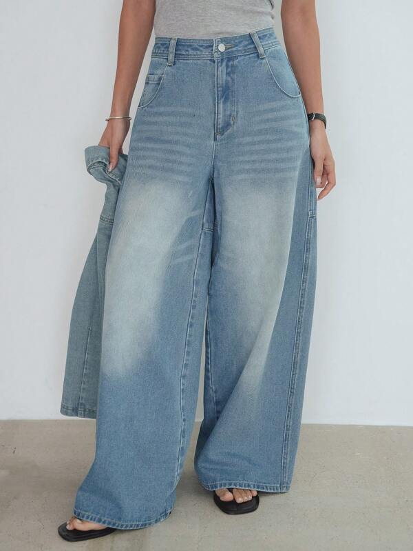 Dazy-Less Jeans rectos y sueltos con efecto desgastado y lavado vintage para mujer