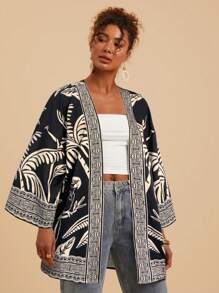 Travachic Woven Print Long Sleeve Loose Women's Kimono Style Cover Up Blouse,Summer,Beachwear,Spring And Summer,Easter,Holiday,Beach,Spring Break,Vacation Women,Concert,BOHO,Bohemia,Music Festival,4th Of July,Hot Seller,Tropical Vacation - Black - View 4