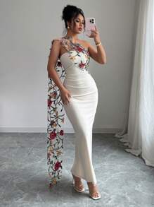 Elenzga Váy ôm vừa vặn thêu hở lưng thời trang nữ có đường xẻ - Màu be - Xem 5