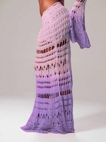 MUSERA Váy maxi dài xòe đuôi cá phối màu ombre, chất liệu móc len, chỉ dùng để che chắn khi đi bơi, thích hợp cho kỳ nghỉ hè, lễ hội, tiệc sinh nhật, gợi cảm ở Ibiza. - Màu tím - Xem 3