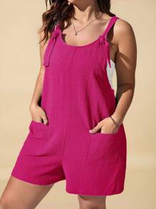Travachic Plus Tie Shoulder Pocket Patched Cami Romper - Hot Pink - View 1