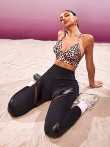 SHEIN Sports Women's Patchwork Mesh & Faux Leather Skinny Leggings - Black - View 7