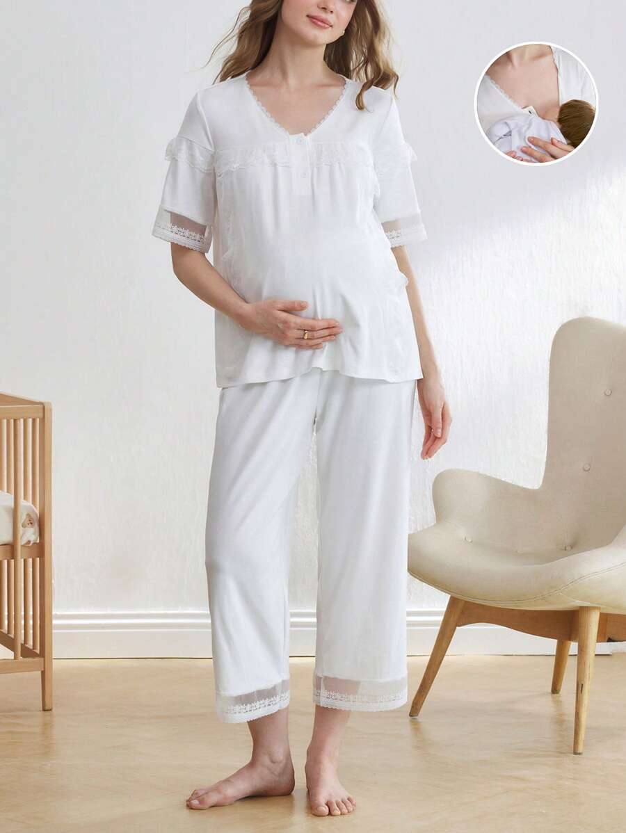 Moonlight&Mama 孕妇短袖哺乳睡衣套装两件装，蕾丝纽扣设计，家居服时尚睡衣 - 白色 - 查看 1