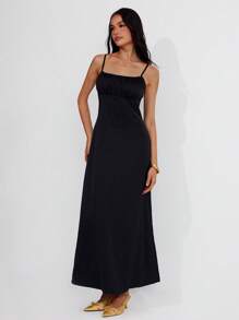 Roylia Women Satin Smooth Slip Long Dress - Black - View 4