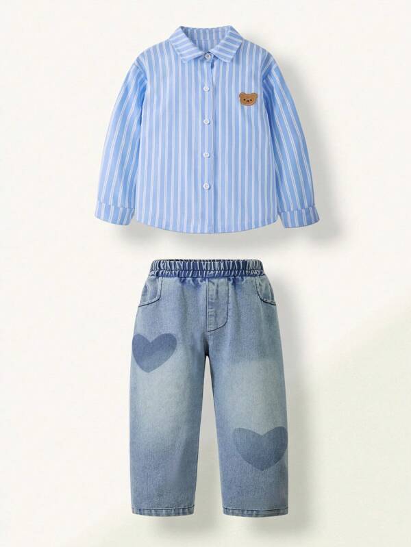 SHEIN Set de 2 piezas de conjunto de ropa para niñas, camisa a rayas combinada con pantalones vaqueros con corazones, atuendo casual de primavera/verano