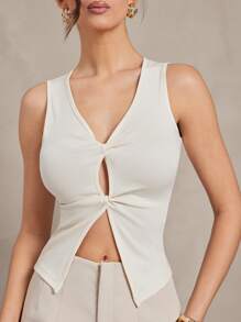 L'Amorae 女士休闲纯色镂空不对称衬衫，夏季 - 杏色 - 查看 4