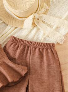 2 件套年轻女孩度假海滩休闲荷叶边无袖衬衫 + 阔腿裤套装，蓝色姐妹装，秋季服装 - 咖啡棕 - 查看 6