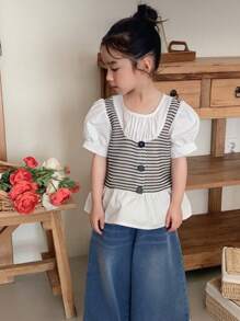 DAZY Blusa stile coreano per ragazze con maniche a sbuffo e balze, outfit estivi per ragazze