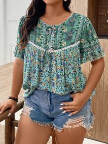 EMERY ROSE Plus Size Women Ditsy Floral Short Sleeve Casual Vacation Shirt - Multicolor - View 5