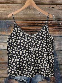 EMERY ROSE Plus Size V-Neck Lace Patchwork Black Daisy Floral Print Summer Elegant Slip Camisole For Vacation, Dates, Parties Floral Tank Daisy Top Suitable For Going Out - Black - View 2