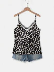 EMERY ROSE Plus Size V-Neck Lace Patchwork Black Daisy Floral Print Summer Elegant Slip Camisole For Vacation, Dates, Parties Floral Tank Daisy Top Suitable For Going Out - Black - View 7