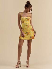 SHEIN BAE Đầm ôm body hở lưng thêu sequin màu cam sáng kết cấu dây buộc mini loe cho nữ, trang phục đi nghỉ - trái cam - Xem 6