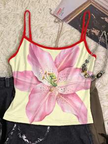 SHEIN EZwear 3 件套女士休闲紧身吊带背心套装，适合夏季和度假，芙蓉花、夏威夷风情、大花卉印花设计，夏季 - 彩色 - 查看 4