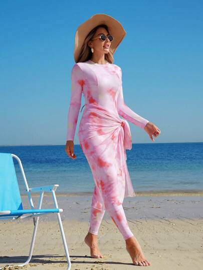 Swim Shayni 2 件套端庄穆斯林女士长袖泳衣上衣和拖地长裙，防晒