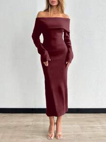 EURMUSE 优雅翻领露肩紧身毛衣连衣裙 - 酒紅色 - 查看 3