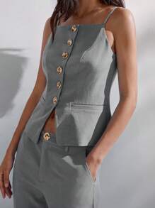 SHEIN Maija Conjunto de traje elegante de chaleco de un solo abotonado y pantalones de unicolor para mujer - Gris - Ver 6