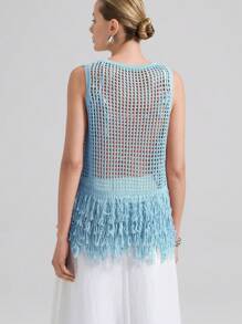 Ontre 斯德哥尔摩风格，女教师，秋季时尚，2025新款波西米亚度假风连衣裙，流苏下摆镂空无袖针织背心，亚麻粉色套头针织背心，V领度假风女式度假透视上衣