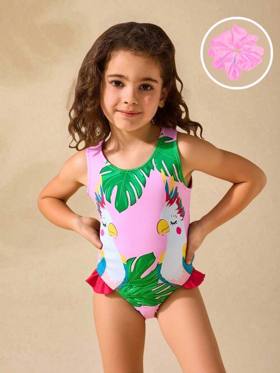 SHEIN 小女孩可爱动物图案针织连体泳衣（带头带） - 粉色 - 查看 1