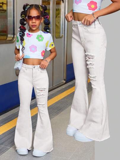 SHEIN Tween Girl 夏季假日原始下摆淡紫色水洗破洞高弹棉质柔软喇叭牛仔裤，夏季度假海滩音乐会狂欢