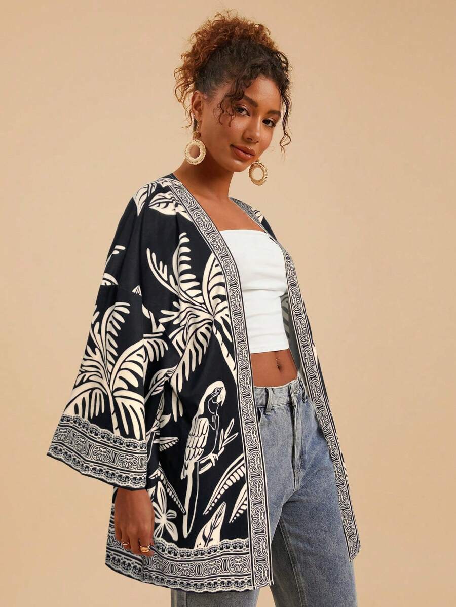 Travachic Woven Print Long Sleeve Loose Women's Kimono Style Cover Up Blouse,Summer,Beachwear,Spring And Summer,Easter,Holiday,Beach,Spring Break,Vacation Women,Concert,BOHO,Bohemia,Music Festival,4th Of July,Hot Seller,Tropical Vacation - Black - View 1