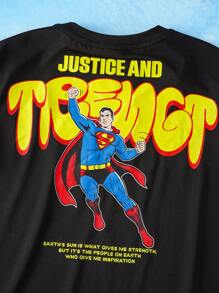 SUPERMAN X SHEIN Tween Boy Cool Back Superhero English Letter Print Black Slim Fit Spring/Summer Short Sleeve T-Shirt