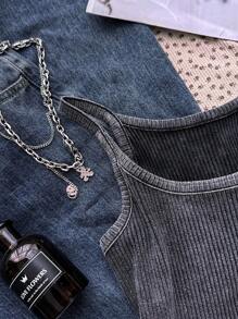 SHEIN 女童背心和吊带背心，夏季街头休闲棉质修身背心 - 灰色 - 查看 4