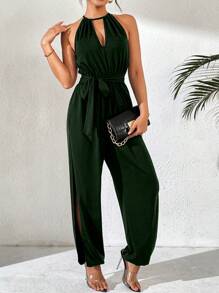 Chiquease 春夏露肩深 V 弹力腰带抽绳侧开衩 3/4 长连体裤 - 墨綠色 - 查看 6