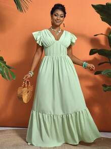 SHEIN Unity Women's V-Neck Ruffle Sleeve Waist-Cinched Dress With Tie-Back - Green - View 1