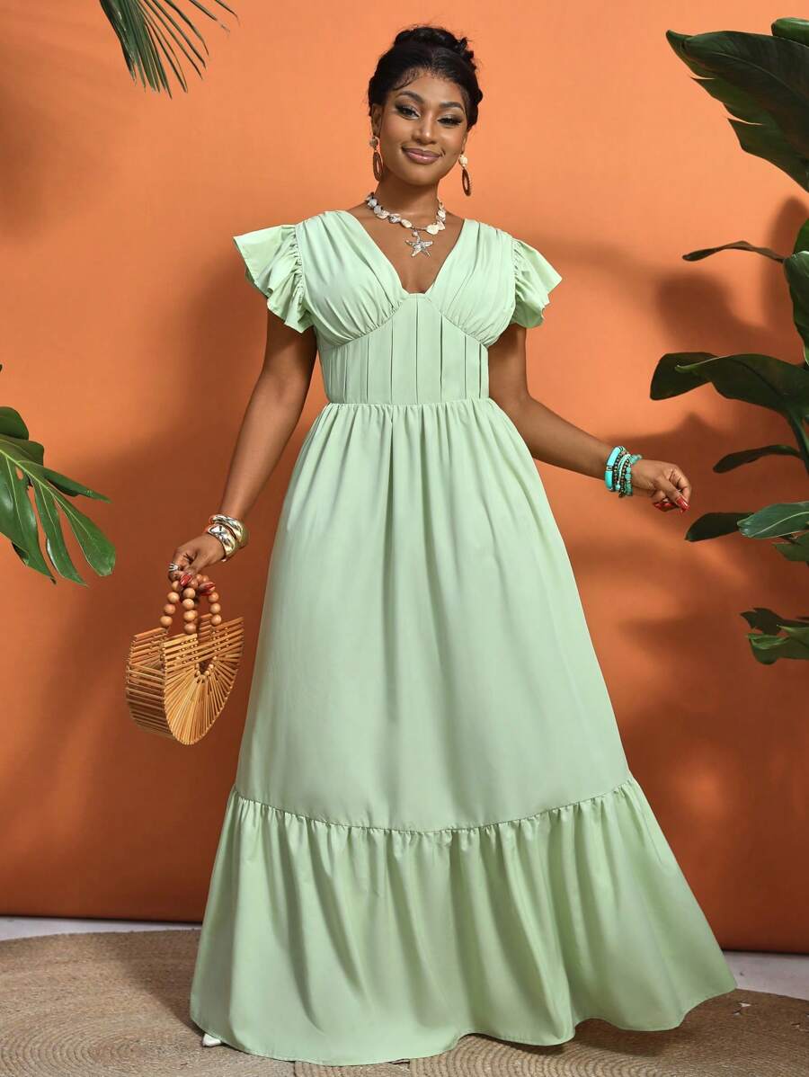 SHEIN Unity Women's V-Neck Ruffle Sleeve Waist-Cinched Dress With Tie-Back - Green - View 1