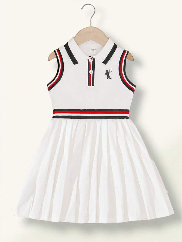 SHEIN Young Girls Daily Casual White Polo Collar Black & Red Striped Embroidery Decor Dress, Summer New Arrival