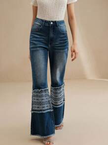 Anewsta Damen modische glockenförmige Schlaghose aus bedrucktem Denim - Blau - Übersicht 5