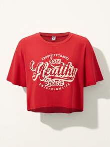 SHEIN Explorewe 1pc Vintage Campus Style Round Neck Short Sleeve T-Shirt For Teen Girl - Red - View 1