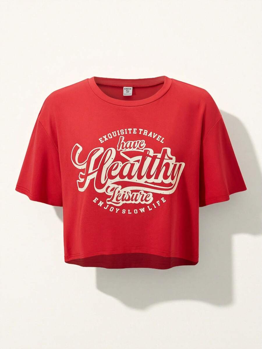 SHEIN Explorewe 1pc Vintage Campus Style Round Neck Short Sleeve T-Shirt For Teen Girl - Red - View 1