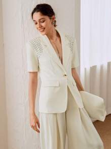 Arave Blazer informal de manga corta con escote en V y cuentas hecho a mano de alta calidad y elegante para mujer en color beige