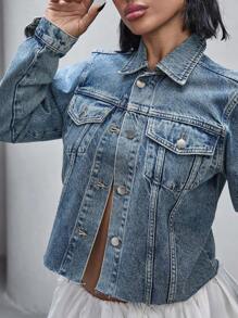 CasuGlow Casual Distressed Cropped Denim Jacket, - Medium Wash - View 4