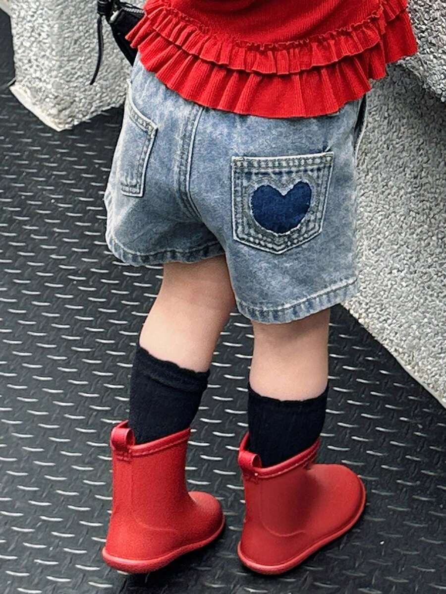 DAZY Salopetă casual din denim, cu imprimeu de inimă, lavabilă, pentru bebeluși și fetițe