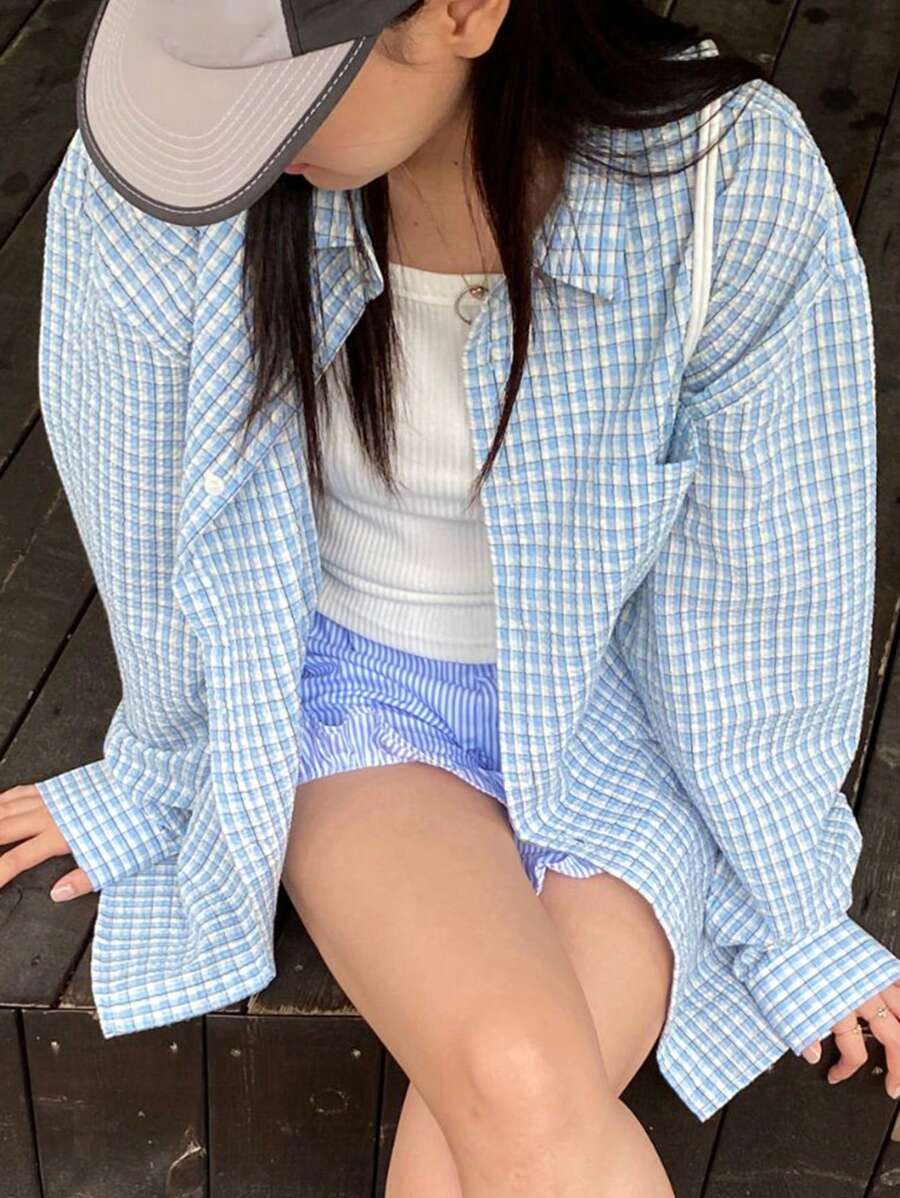 DAZY 女士格子宽松休闲长袖衬衫上衣,法兰绒女装,秋季女装 - 淺藍色 - 查看 1