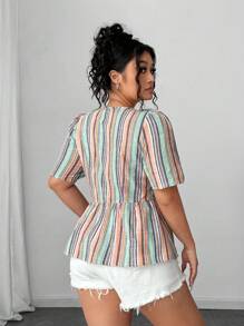 Elenzga 加大码条纹纹理面料收腰 A 字形设计衬衫 女士夏季服装 夏季服装 女士服装 女士上衣 优雅女士夏季衬衫 女士加大码服装 女士加大码服装 商务休闲女士上衣 女士衬衫 优雅女士衬衫 - 彩色 - 查看 2