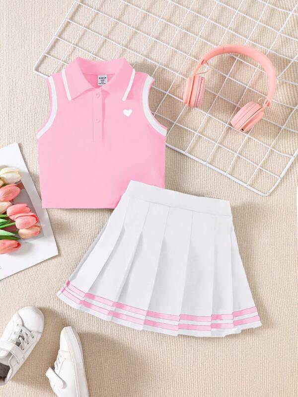 SHEIN 2pcs/Set Girls Heart Print Polo Collar Sleeveless Top And Pleated Skirt With Ribbon Trim, School Style For Summer & Back To School