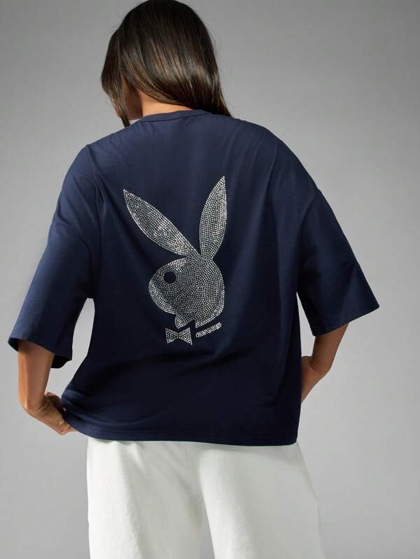 Missguided x Playboy MISSGUIDED Tricou supradimensionat Logo Bunny Strass Imprimare pe spate Street Style Casual Top grafic Colectie de toamna iarna Moda unisex