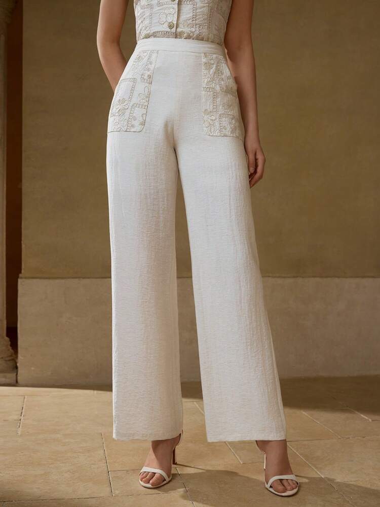 EMBROIDERY SLANT POCKET WIDE LEG PANTS