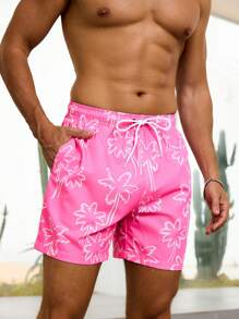 Manfinity VDAYZ Men's Floral Print Pocket Drawstring Waist Beach Shorts, Suitable For Summer, Hawaiian Beach Wear Men Beach Shorts