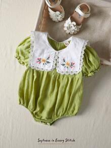 Cozy Pixies Baby Girl Colorblock Navy Collar Floral Print Short Sleeve Tie Waist Bodysuit - Purple - View 7